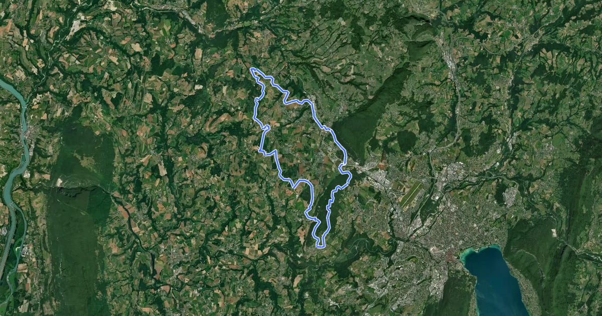 Маршрут VTT FFC Albanais N° 19 - Entre Fier et Usses (rouge) на спутниковом снимке