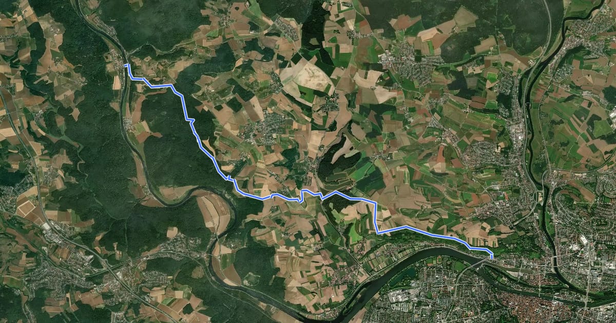 Маршрут Wanderroute W 01 Regensburg - Pielenhofen (Rotes Dreieck) на спутниковом снимке