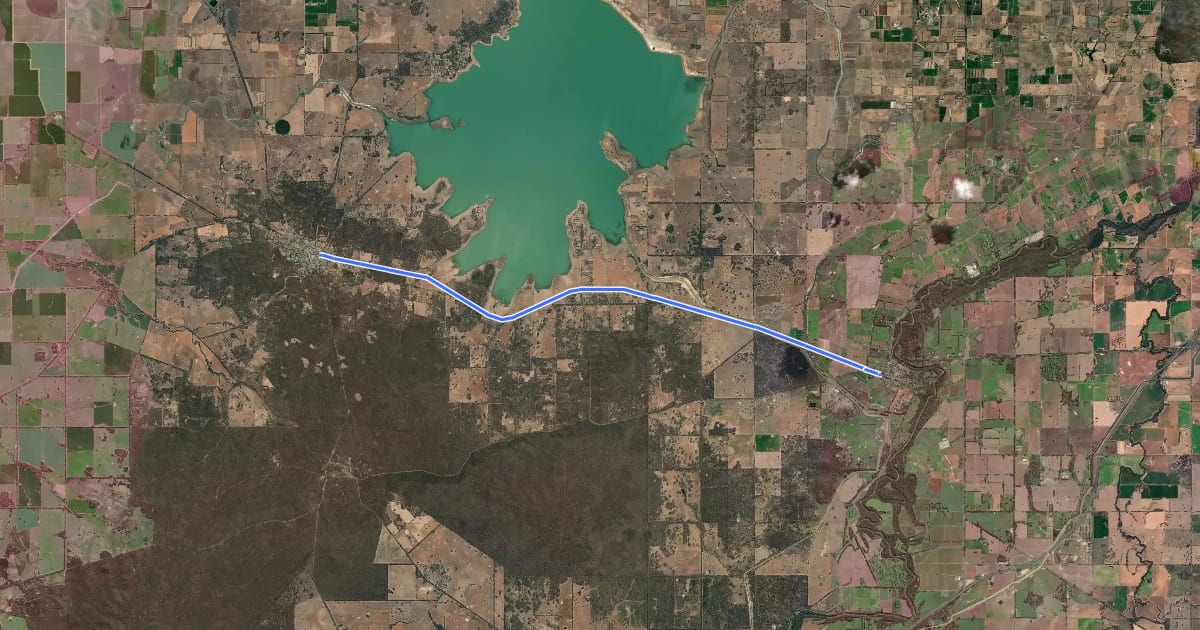 Маршрут Waranga Rail Trail на спутниковом снимке