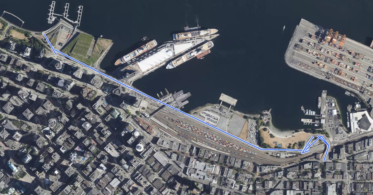 Маршрут Waterfront Road Bikeway на спутниковом снимке