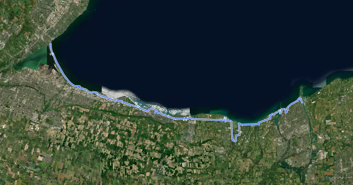 Маршрут Waterfront Trail: Hamilton to Niagara на спутниковом снимке