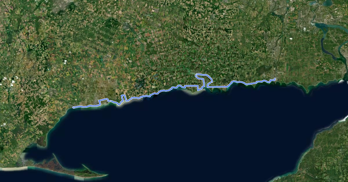 Маршрут Waterfront Trail: Niagara to Port Dover на спутниковом снимке