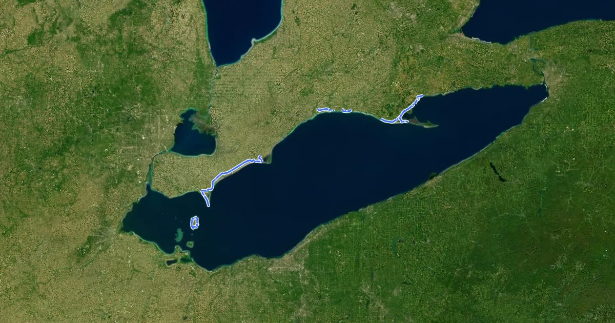 Маршрут Waterfront Trail: Port Dover to Leamington на спутниковом снимке