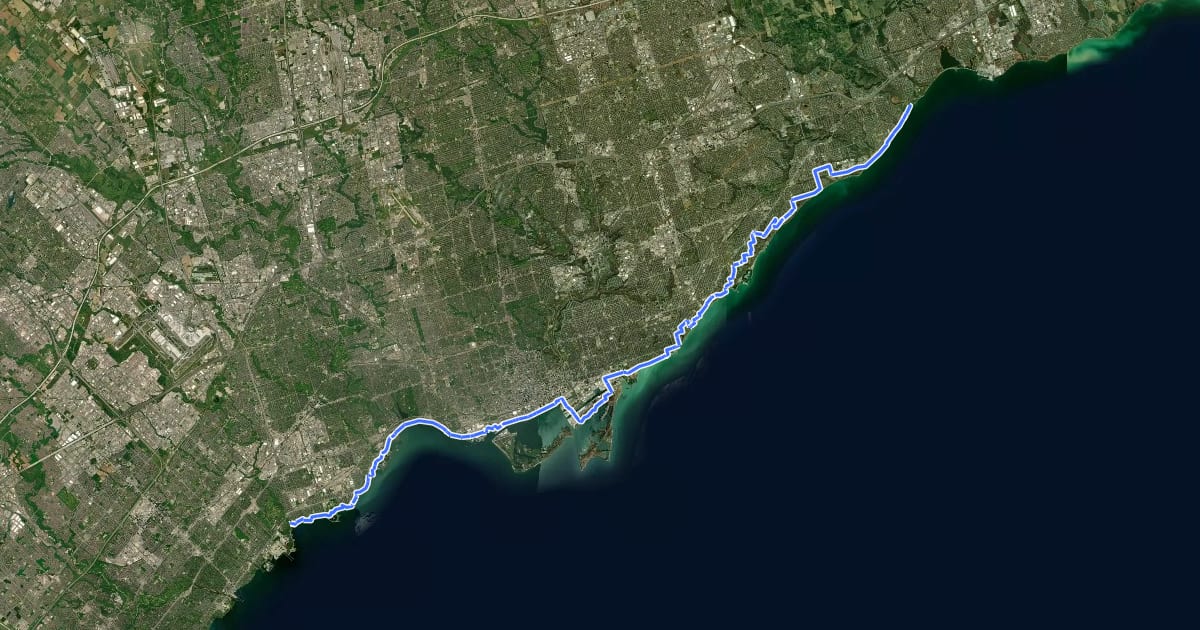 Маршрут Waterfront Trail: Toronto на спутниковом снимке
