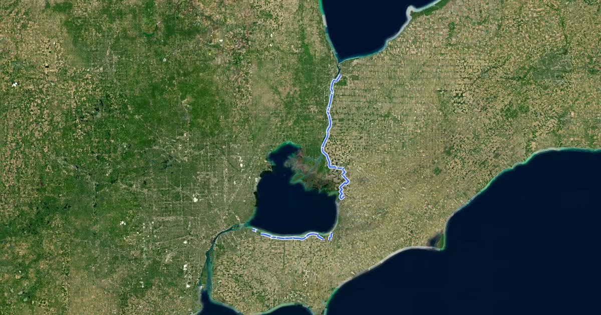 Маршрут Waterfront Trail: Windsor to Sarnia на спутниковом снимке
