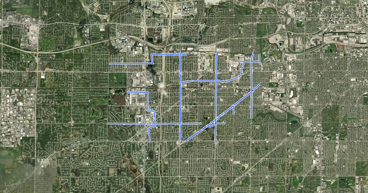 Маршрут West Allis Bike Routes на спутниковом снимке