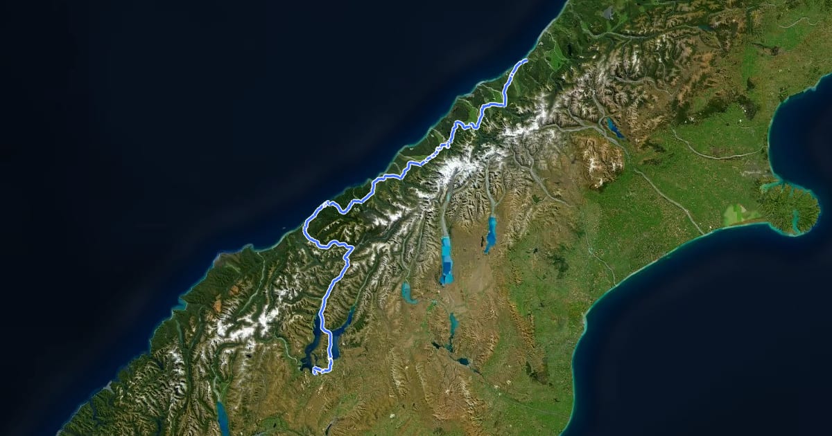 Маршрут West Coast leg Tour Aotearoa на спутниковом снимке