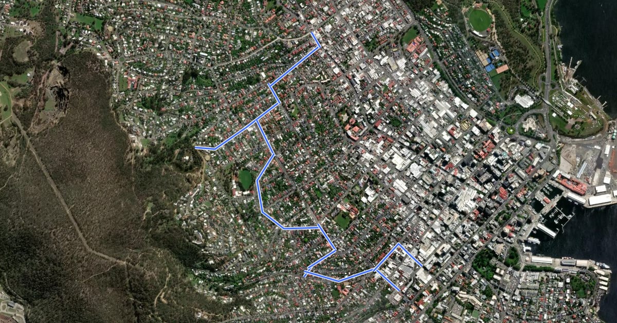 Маршрут West Hobart Cycle Route на спутниковом снимке
