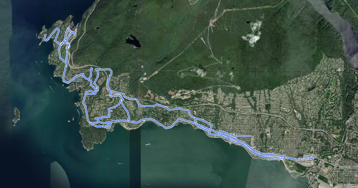 Маршрут West Vancouver Bike Route Network на спутниковом снимке