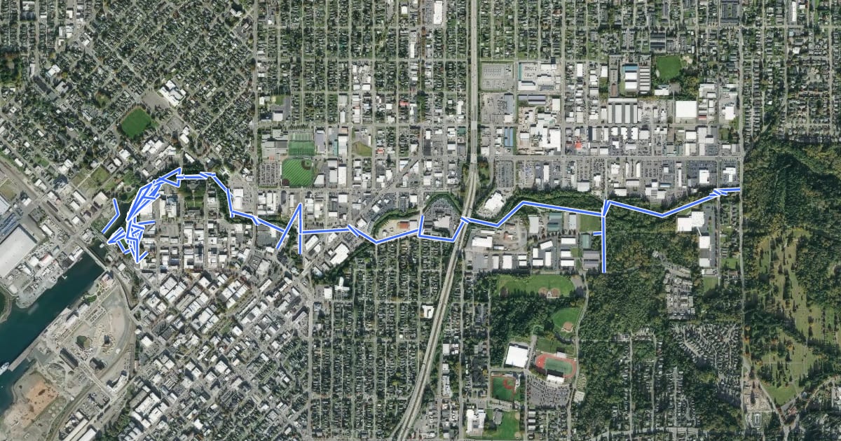 Маршрут Whatcom Creek Trail на спутниковом снимке