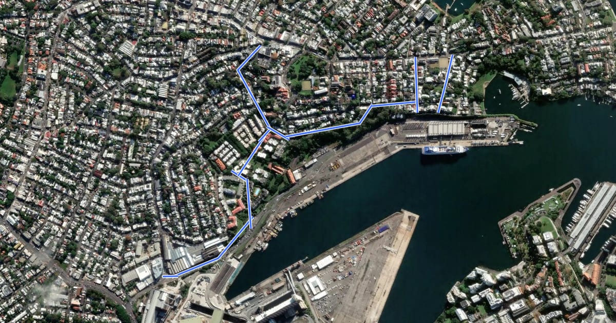 Маршрут White Bay - Balmain - East Balmain на спутниковом снимке