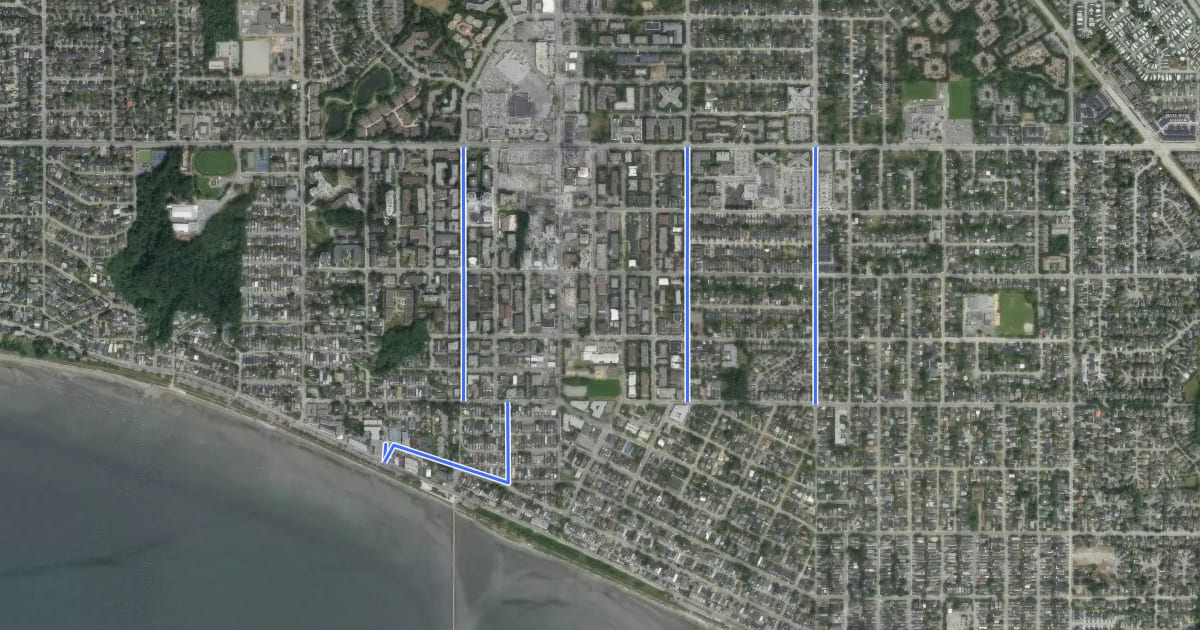Маршрут White Rock Bike Route Network на спутниковом снимке