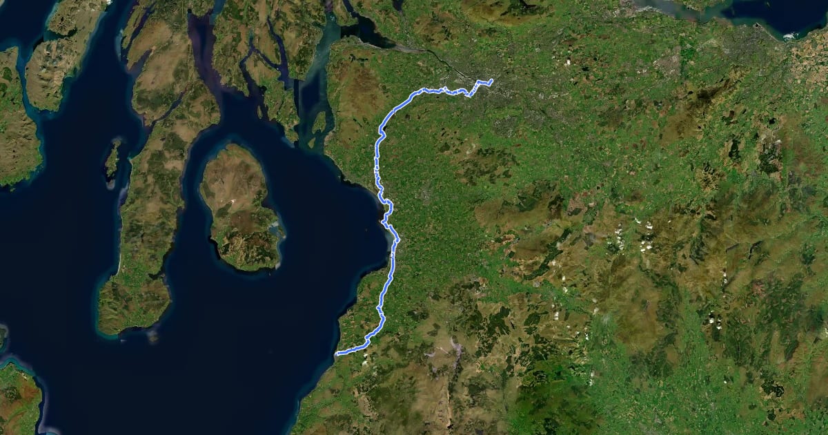 Маршрут Whithorn Way - a Glasgow Cathedral to Girvan на спутниковом снимке
