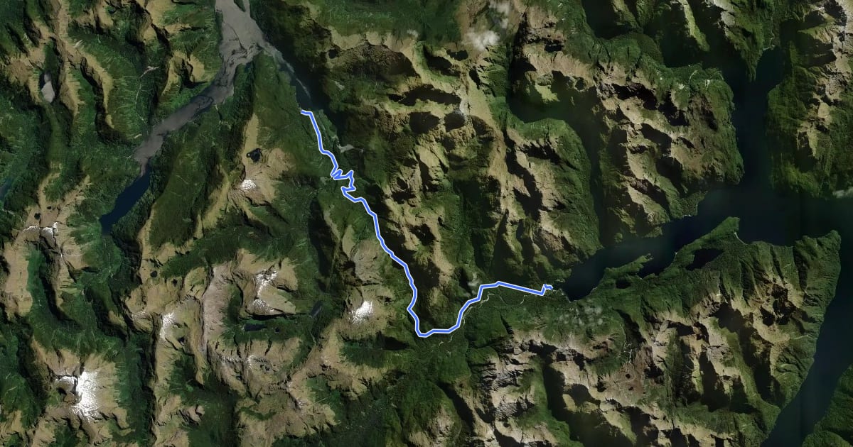 Маршрут Wilmot Pass Route (Fiordland) на спутниковом снимке