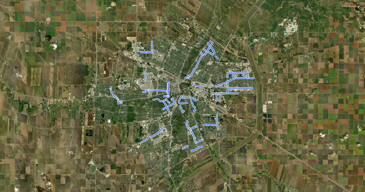 Маршрут Winnipeg Active Transport Network на спутниковом снимке