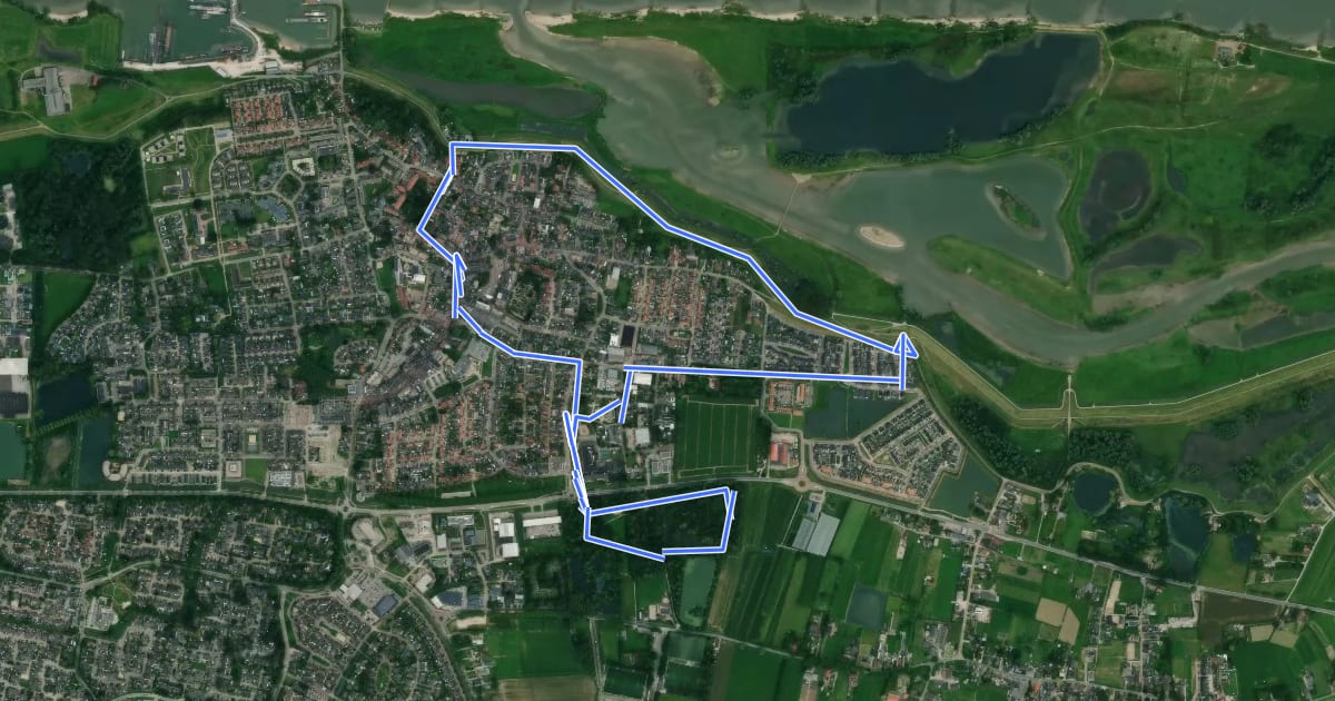 Маршрут WNW Arnhem Nijmegen - Druten S36 - blauwe route на спутниковом снимке