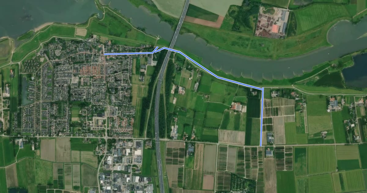 Маршрут WNW Arnhem Nijmegen - Heteren - gele route на спутниковом снимке