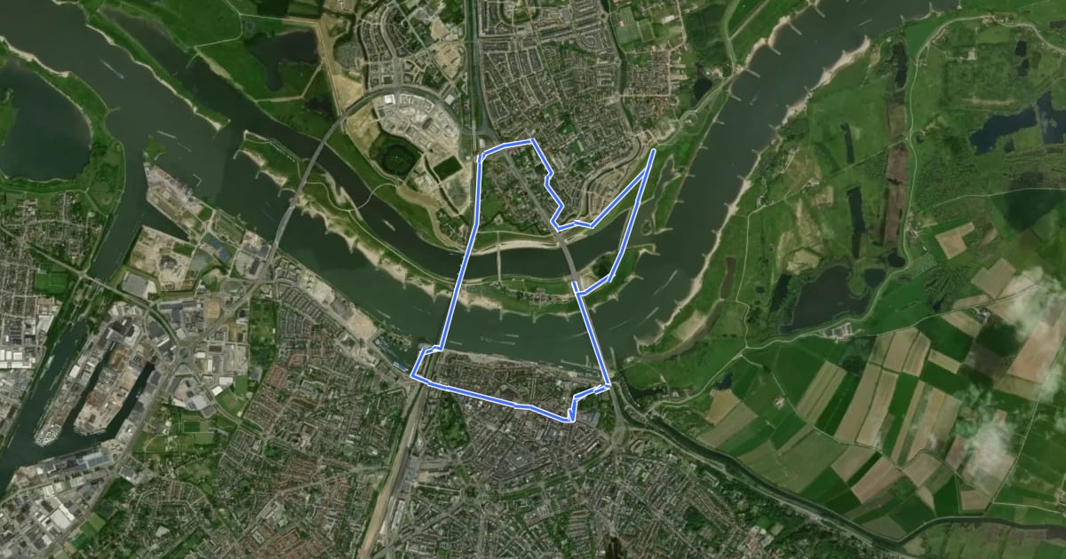 Маршрут WNW Arnhem Nijmegen - Lent - gele route на спутниковом снимке