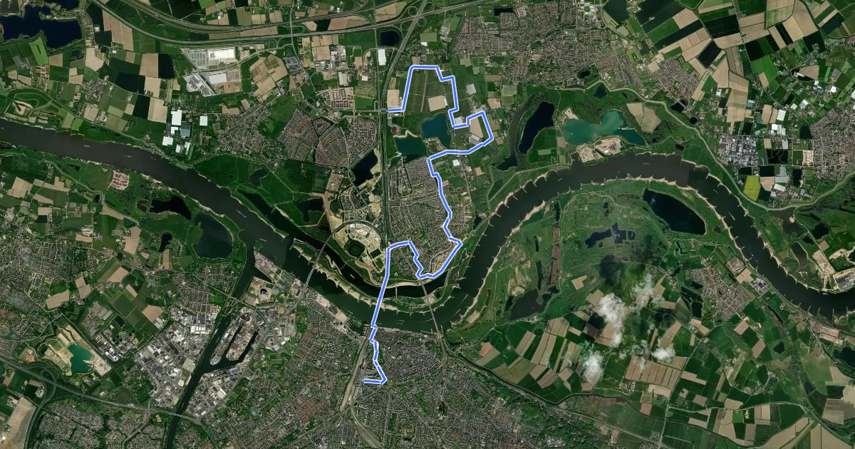 Маршрут WNW Arnhem Nijmegen - Lent - paarse route на спутниковом снимке