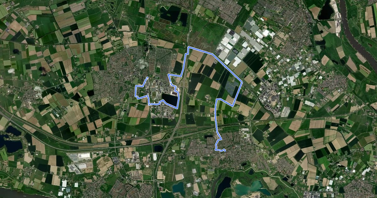 Маршрут WNW Arnhem Nijmegen - Lingezegen - blauwe route на спутниковом снимке