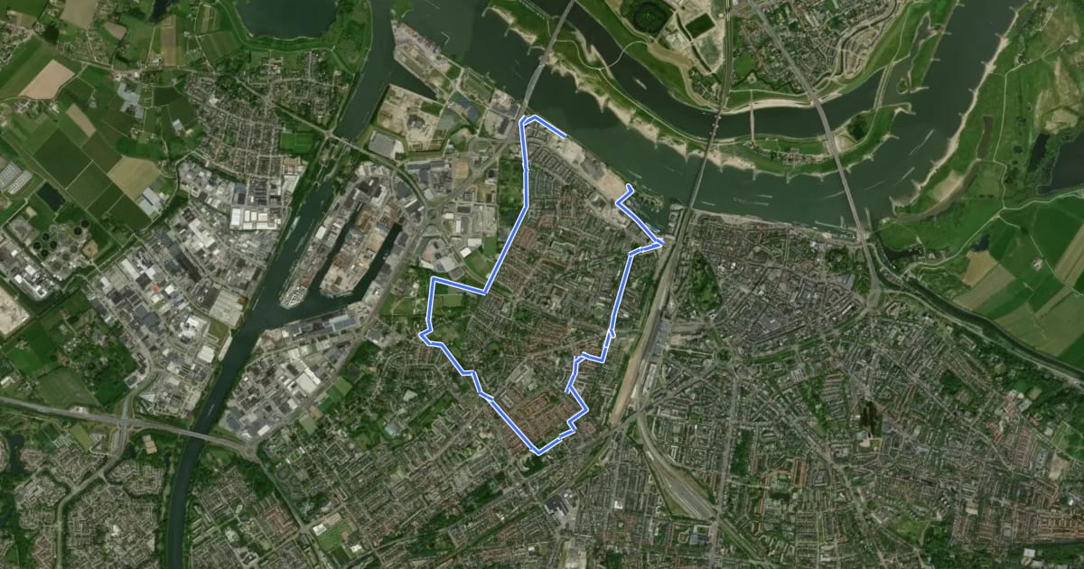 Маршрут WNW Arnhem Nijmegen - Nijmegen Oud-West - zwarte route на спутниковом снимке