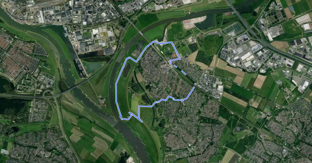 Маршрут WNW Arnhem Nijmegen - Westervoort - blauwe route на спутниковом снимке