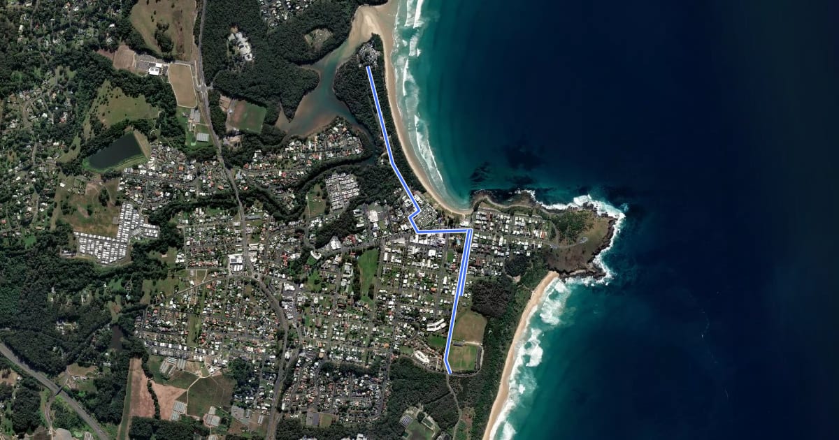 Маршрут Woolgoolga Cycle Path на спутниковом снимке