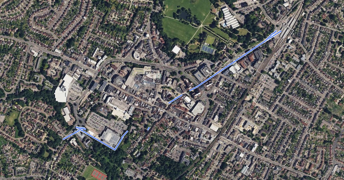 Маршрут Worthing Road to Horsham Station на спутниковом снимке