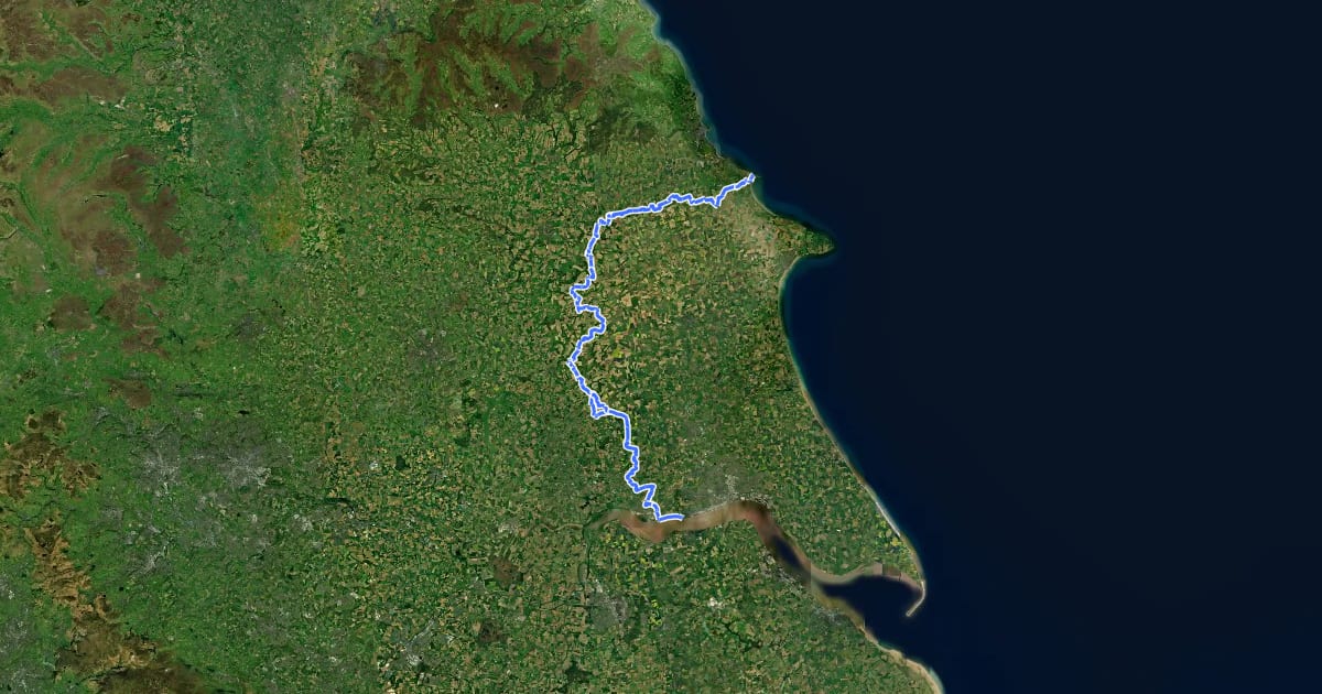 Маршрут Yorkshire Wolds Way на спутниковом снимке