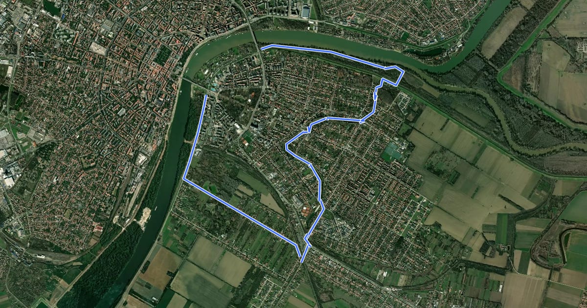 Маршрут Z (Szeged, Torontál tér – Holt-Maros sétány – Vízügyi Emlékhely – Bertalan-híd, újszegedi hídfő) на спутниковом снимке